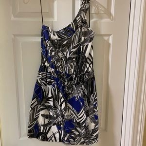 Trina Turk one shoulder dress- black, blue, white